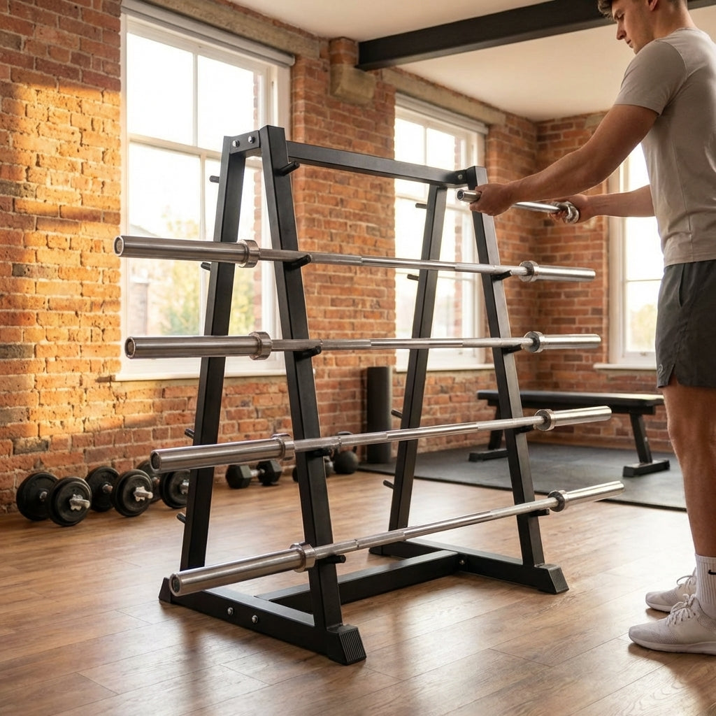 Steel barbell rack set for gym use, featuring a heavy-duty frame.