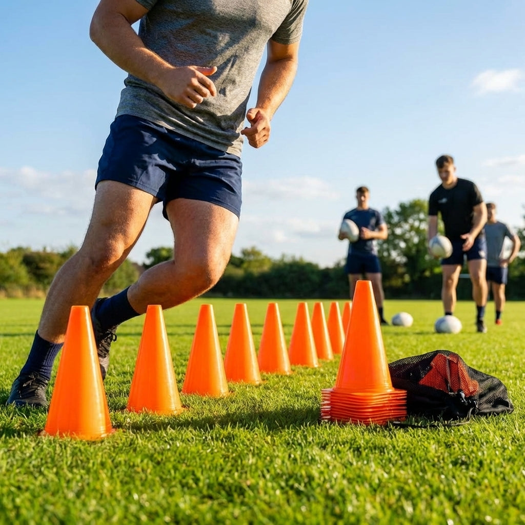 Rugby training marker cones in vibrant colours