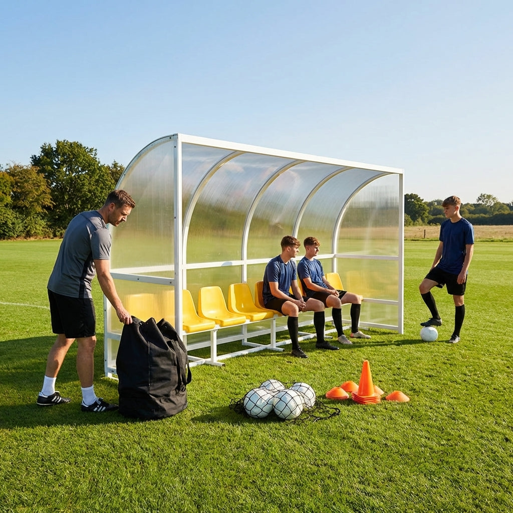 Heavy duty aluminium team shelter with moulded seats