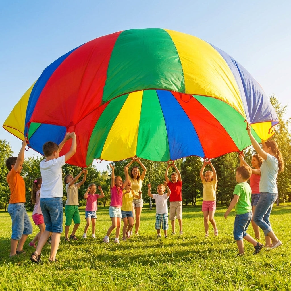 Colourful kids parachute with handles for indoor and outdoor games