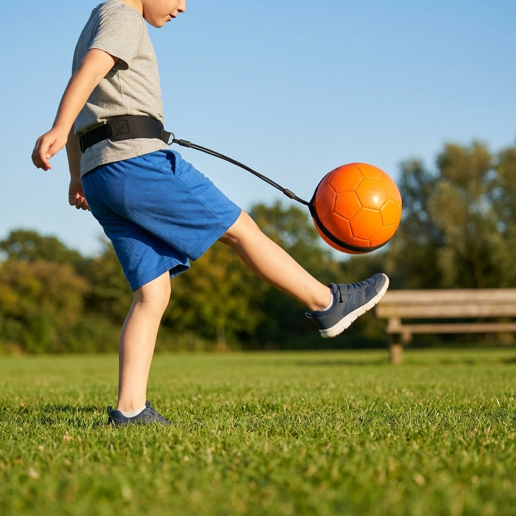 Football kick trainer with adjustable neoprene belt and training ball