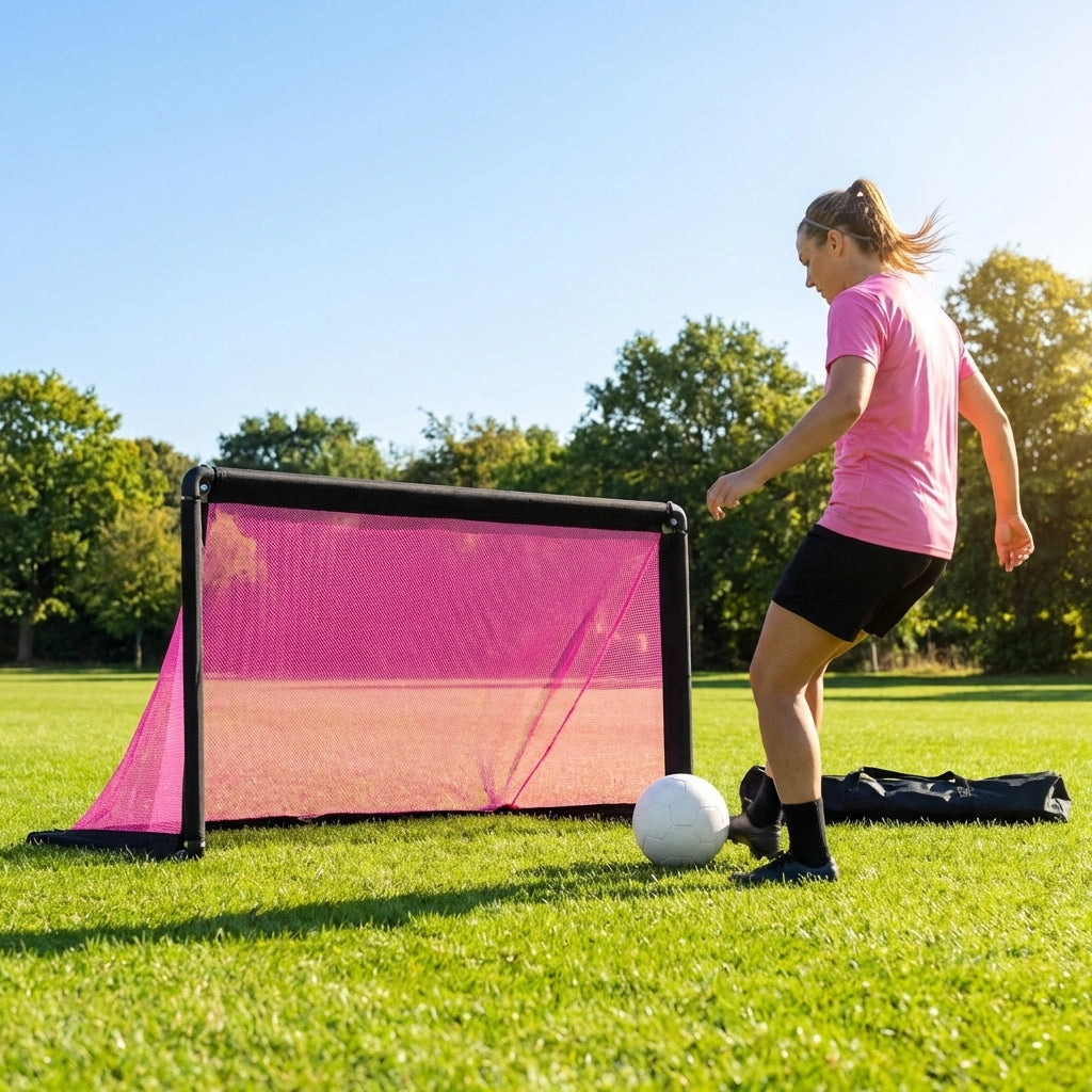Folding football goal with aluminium frame and high-impact net