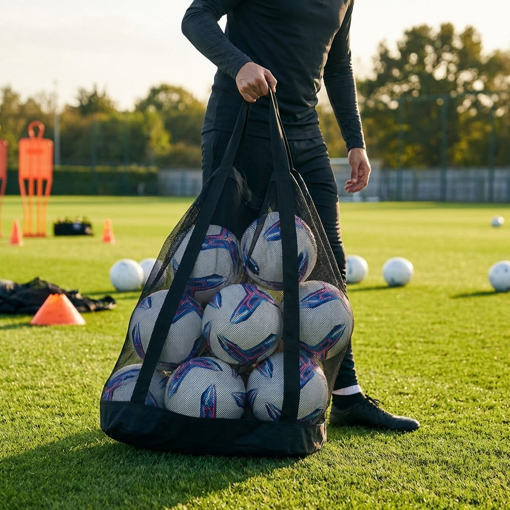 Football carry bag with 12 footballs, durable mesh