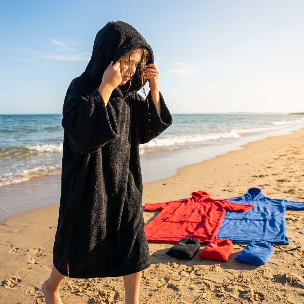 Cotton Towel Poncho in Red, Aqua Blue, and Black for Beach and Pool Use