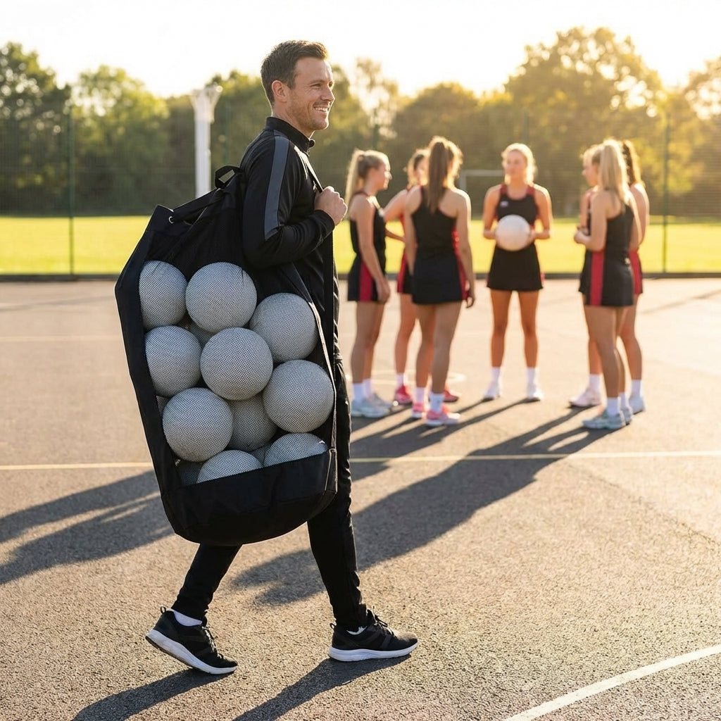 Netball carry bag with 12 netballs, mesh design for easy transport