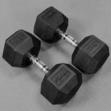 Hex dumbbells with rubber ends and chrome handles
