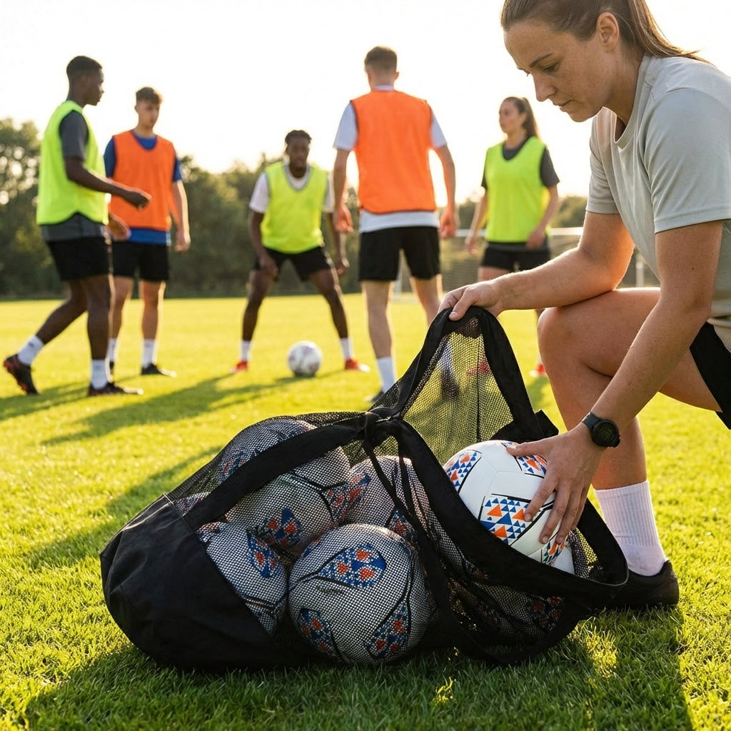 Football carry bag with 12 footballs, durable mesh