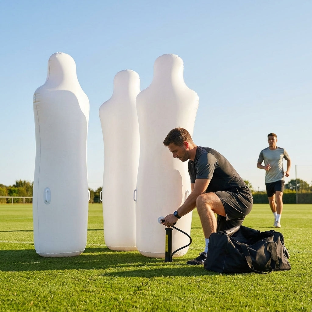 Inflatable football mannequins available in multiple sizes for training use