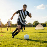 Men's striped football kit with shirt, shorts, and socks