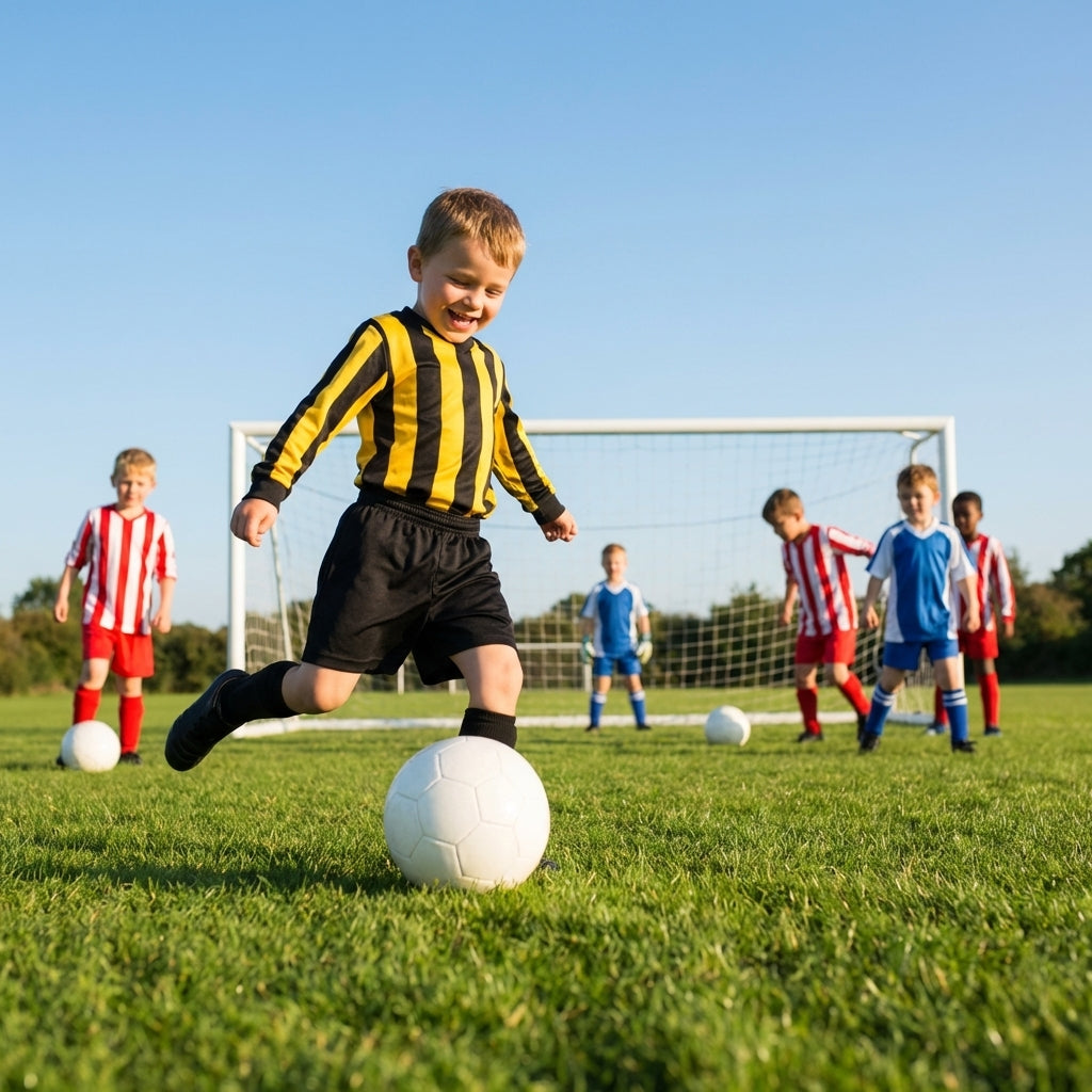 Kids' football kit with striped long sleeve shirt, shorts, and knee-high socks