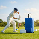 Cricket players set with gloves, pads, abdo guard, and wheelie bag