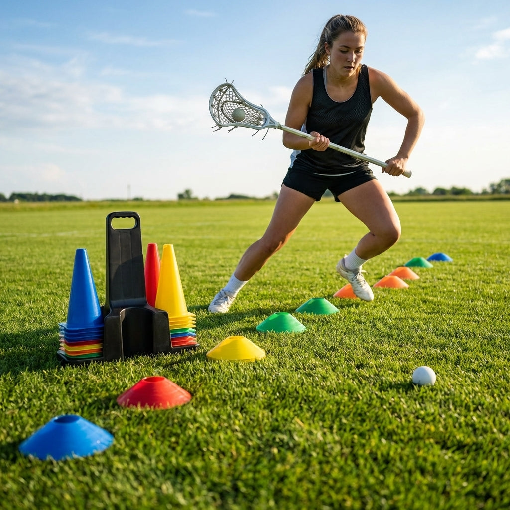 Lacrosse training marker cones in various vibrant colours