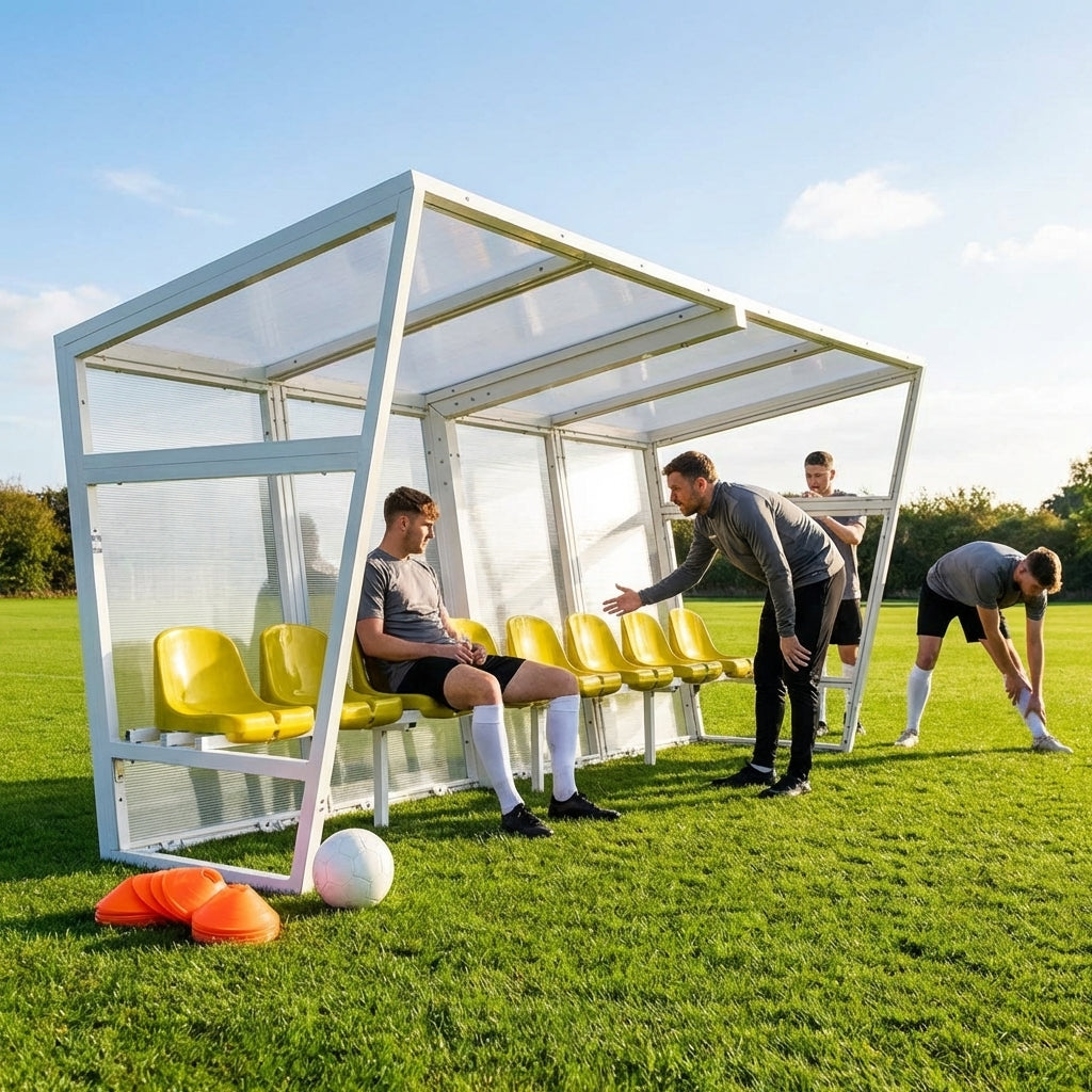 Heavy duty aluminium team shelter with moulded seats