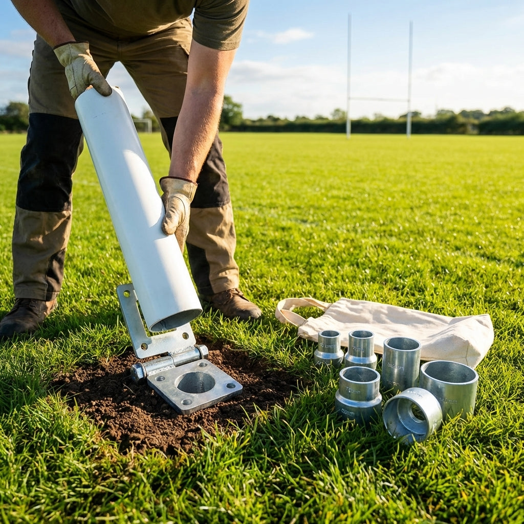 Hinged adapters for rugby posts in galvanised steel