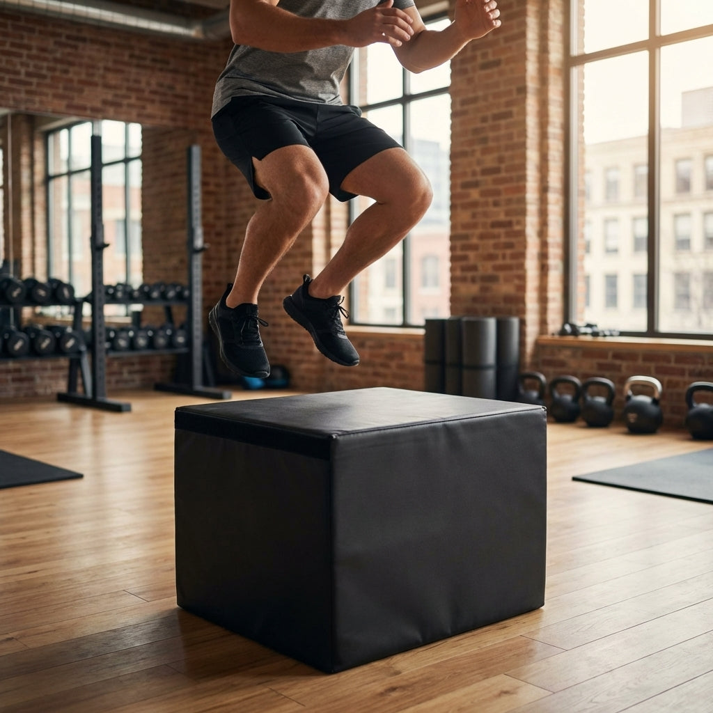 Plyometric jump boxes in various colours and heights for gym workouts