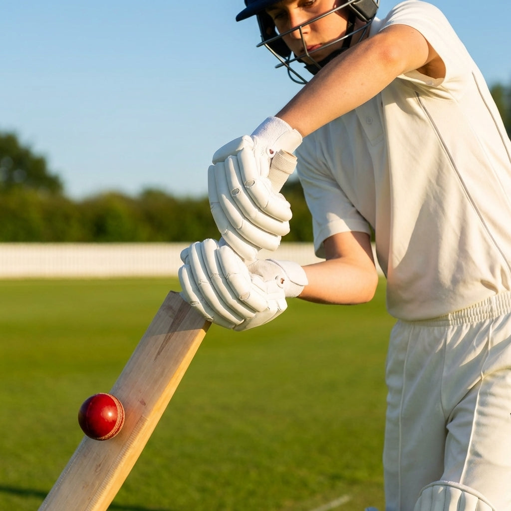 Junior cricket batting gloves with leather palm and mesh ventilation