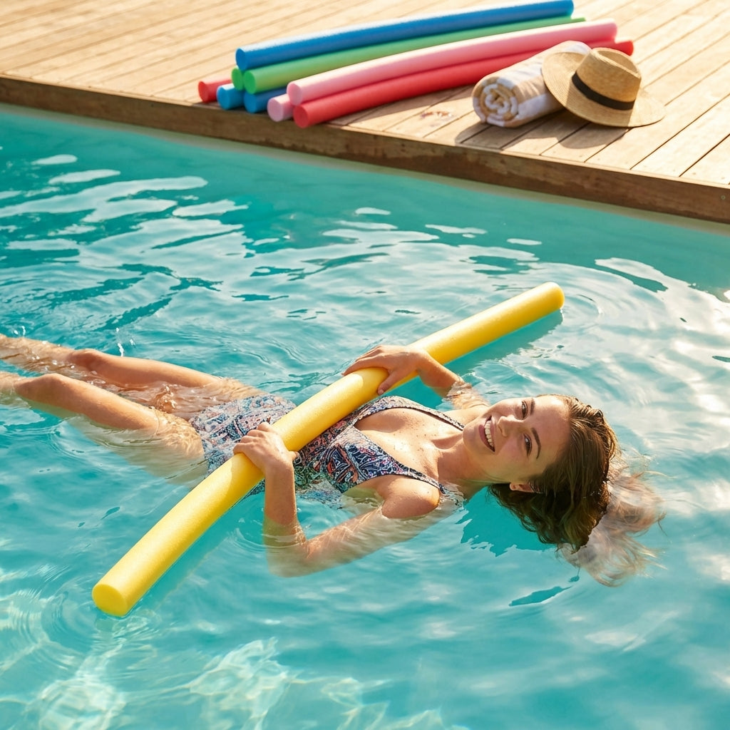 Swimming pool noodles in vibrant colours made from EVA foam