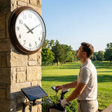 Customisable outdoor clock with black frame for golf clubhouses