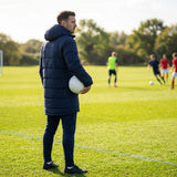 Longline padded coat in black and navy blue, water-repellent for training