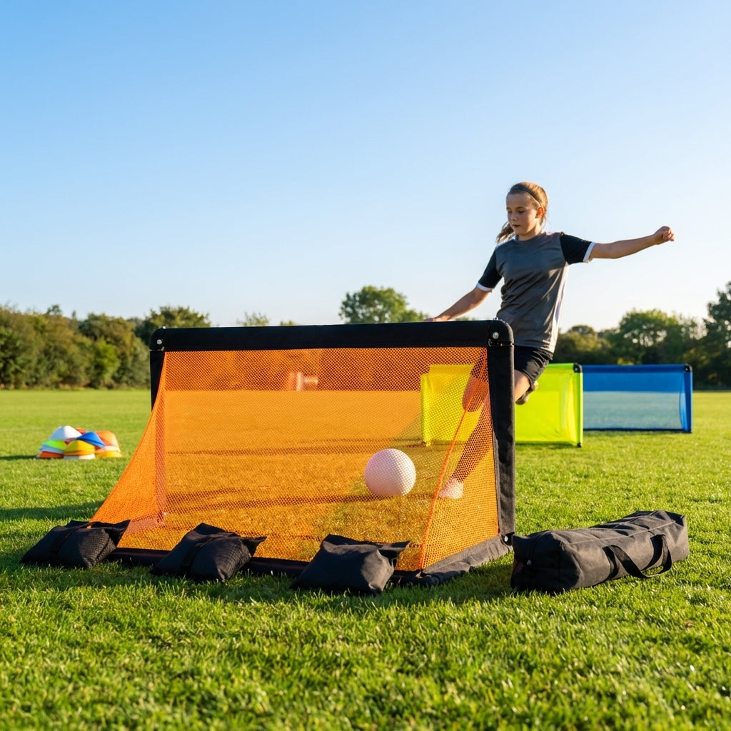 Folding football goal with aluminium frame and high-impact net