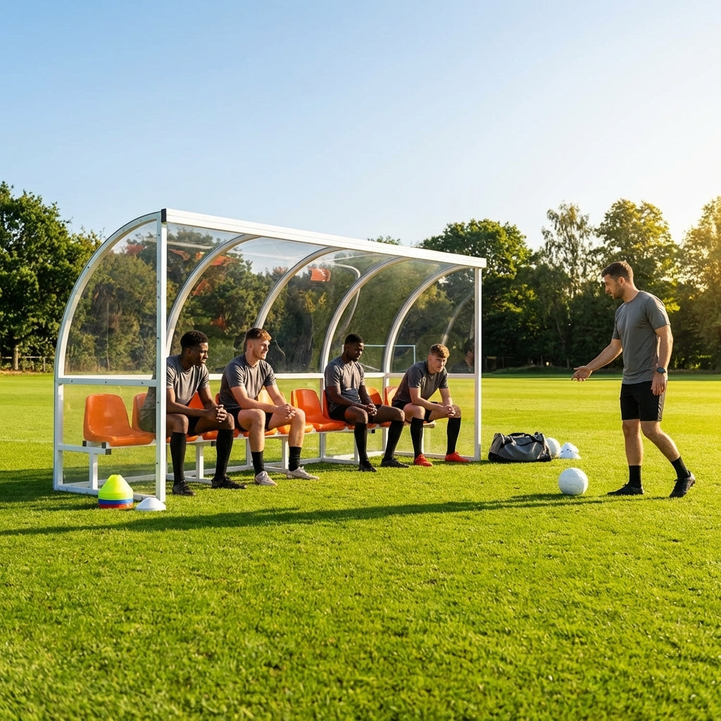 Heavy duty aluminium team shelter with moulded seats
