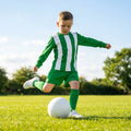 Kids' football kit with striped long sleeve shirt, shorts, and knee-high socks