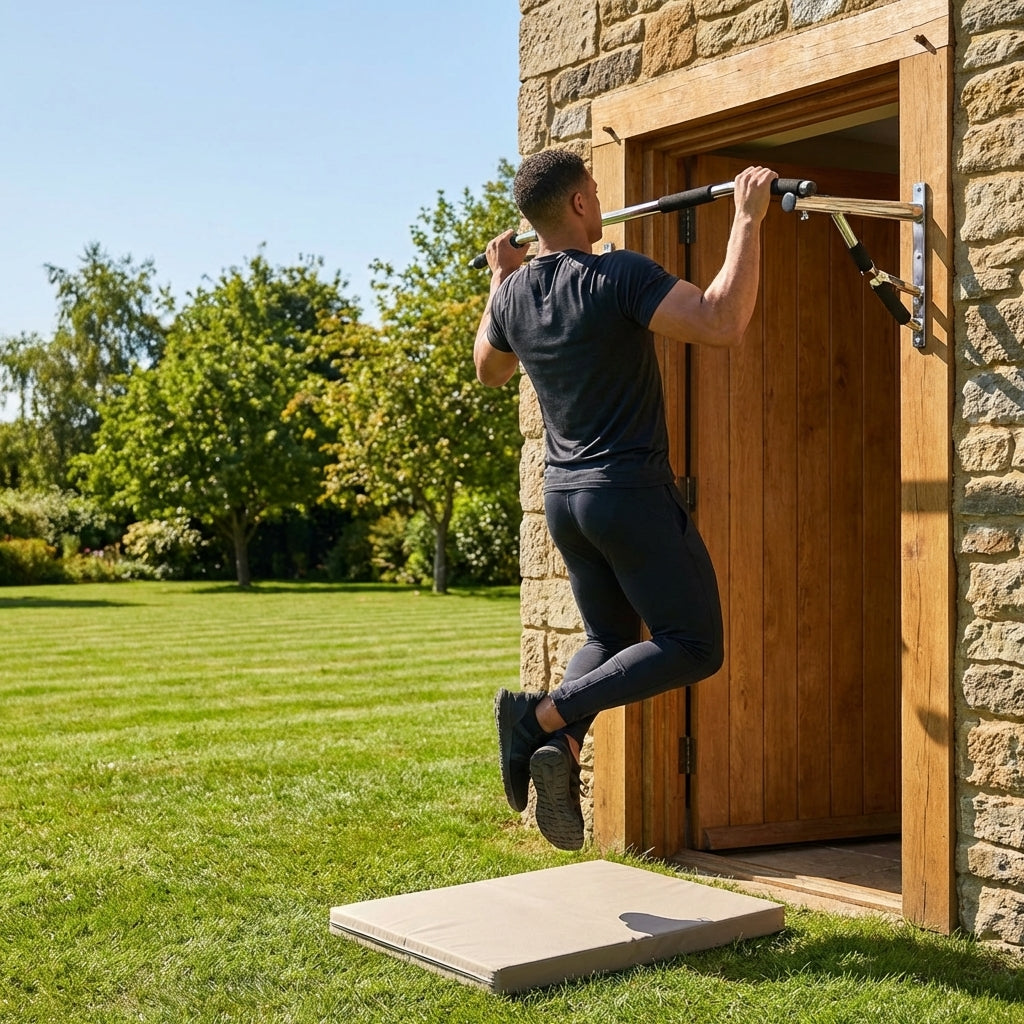 Adjustable doorway pull up bar for home gym exercises