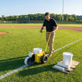 Baseball field line marker with steel tank and pneumatic wheels