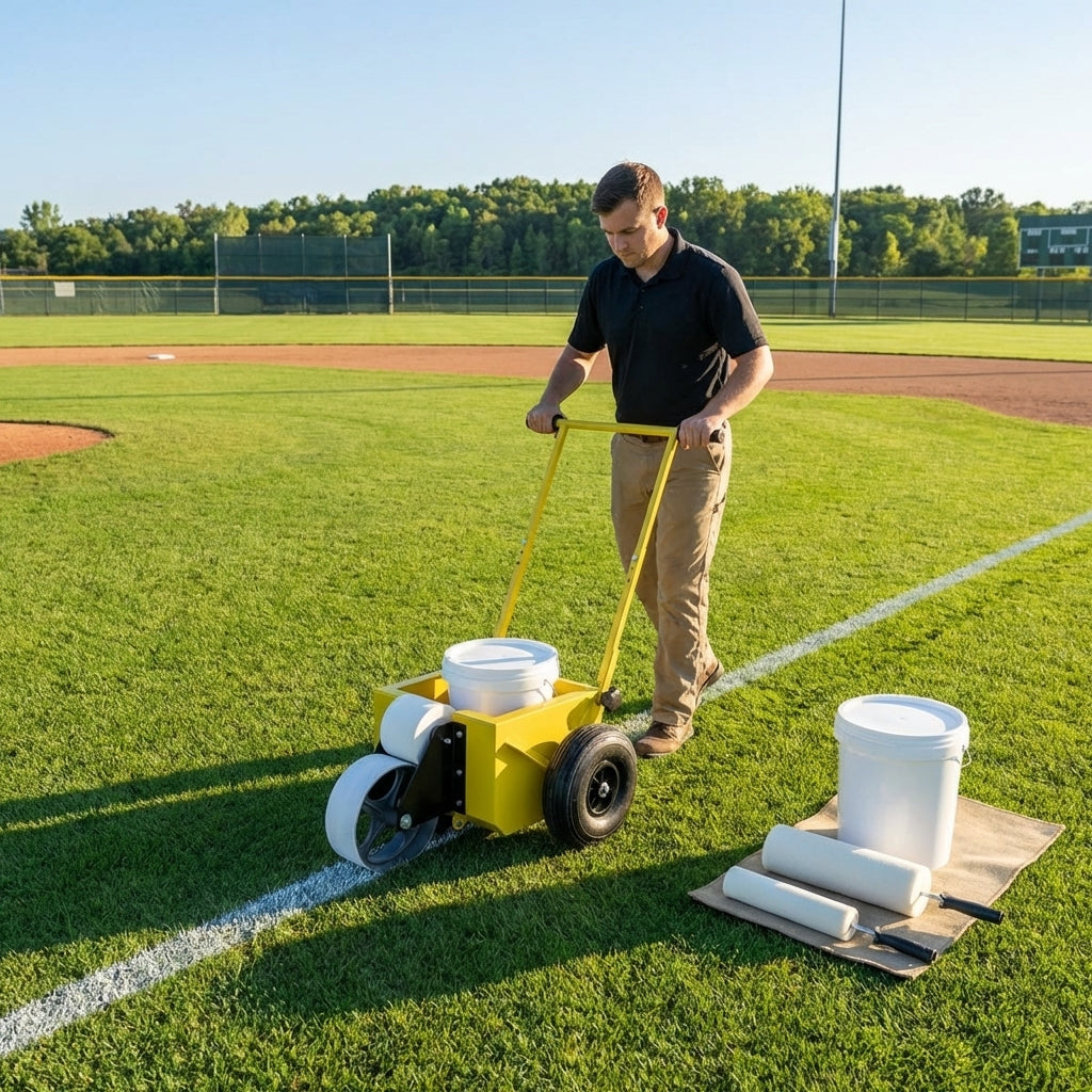 Baseball field line marker with steel tank and pneumatic wheels