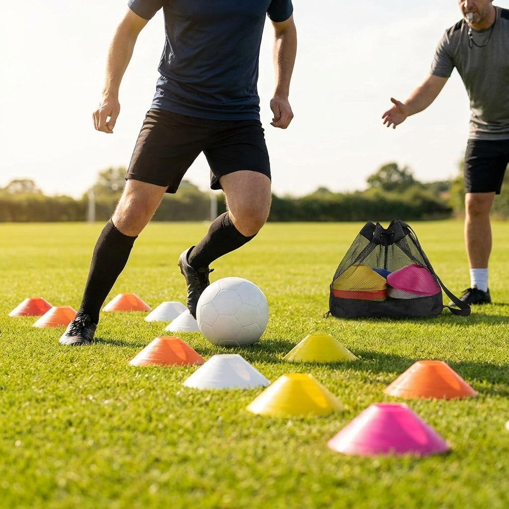 Training marker cones in vibrant Fluro colours for sports drills