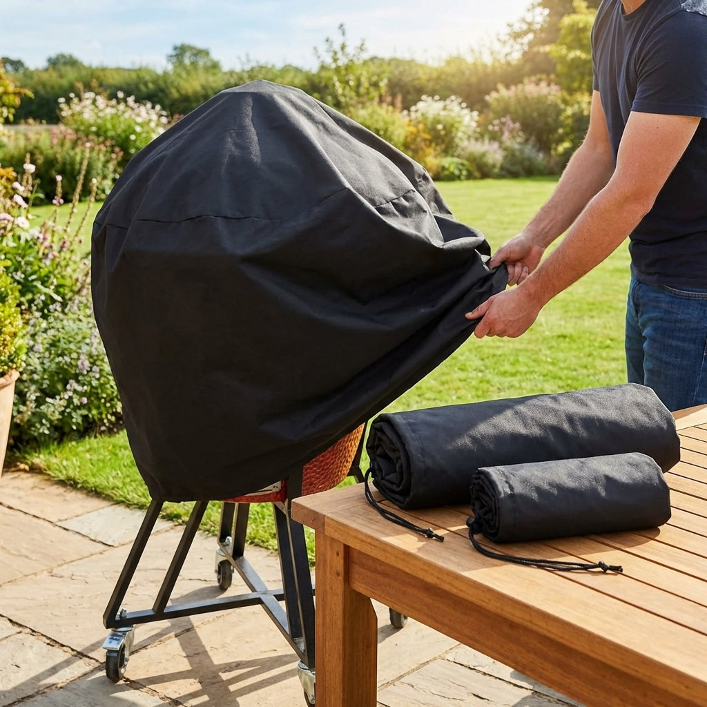 Black waterproof BBQ cover with PVC coating for outdoor protection