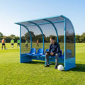 Fixed team shelter with aluminium frame and polycarbonate panels for sports