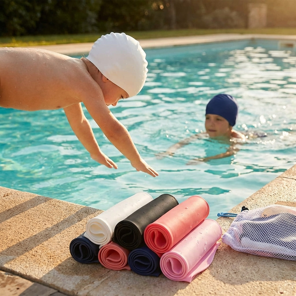 Kids' silicone swimming caps in a variety of colours for pool use