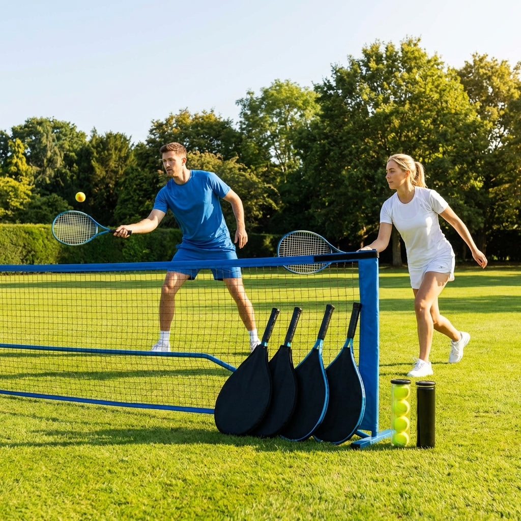 Mini Tennis Net Set with rackets and balls, perfect for backyard and club use