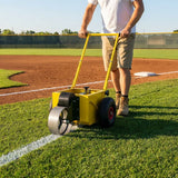 Baseball field line marker with steel tank and pneumatic wheels