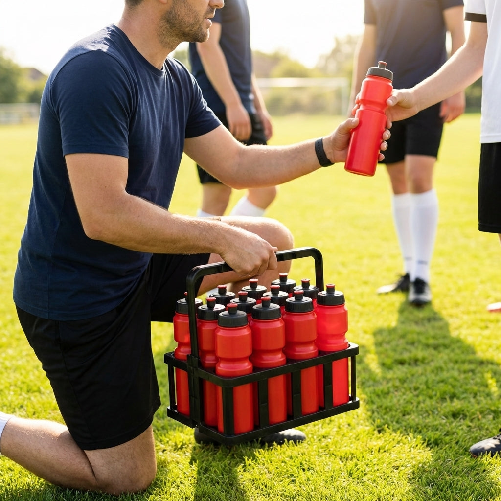 Set of 10 BPA-free 750ml sports water bottles with foldable carrier