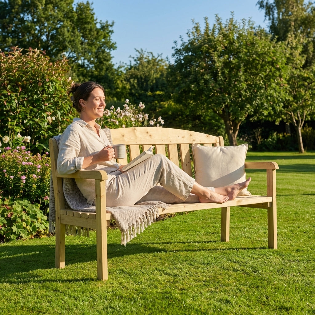 Wooden garden bench with natural finish, suitable for outdoor use