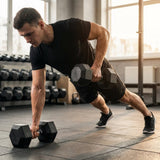 Hex dumbbells with rubber ends and chrome handles