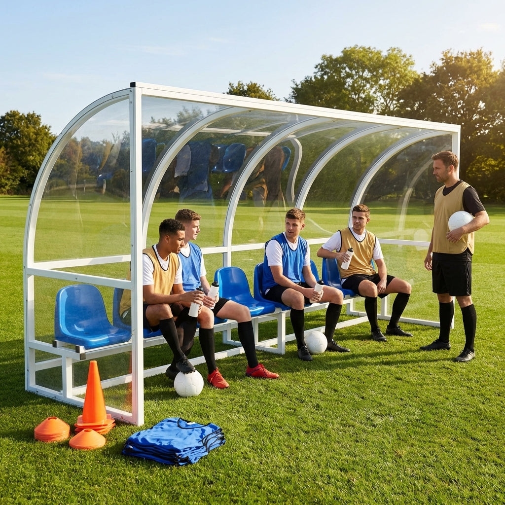 Heavy duty aluminium team shelter with moulded seats