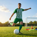 Men's striped football kit with shirt, shorts, and socks