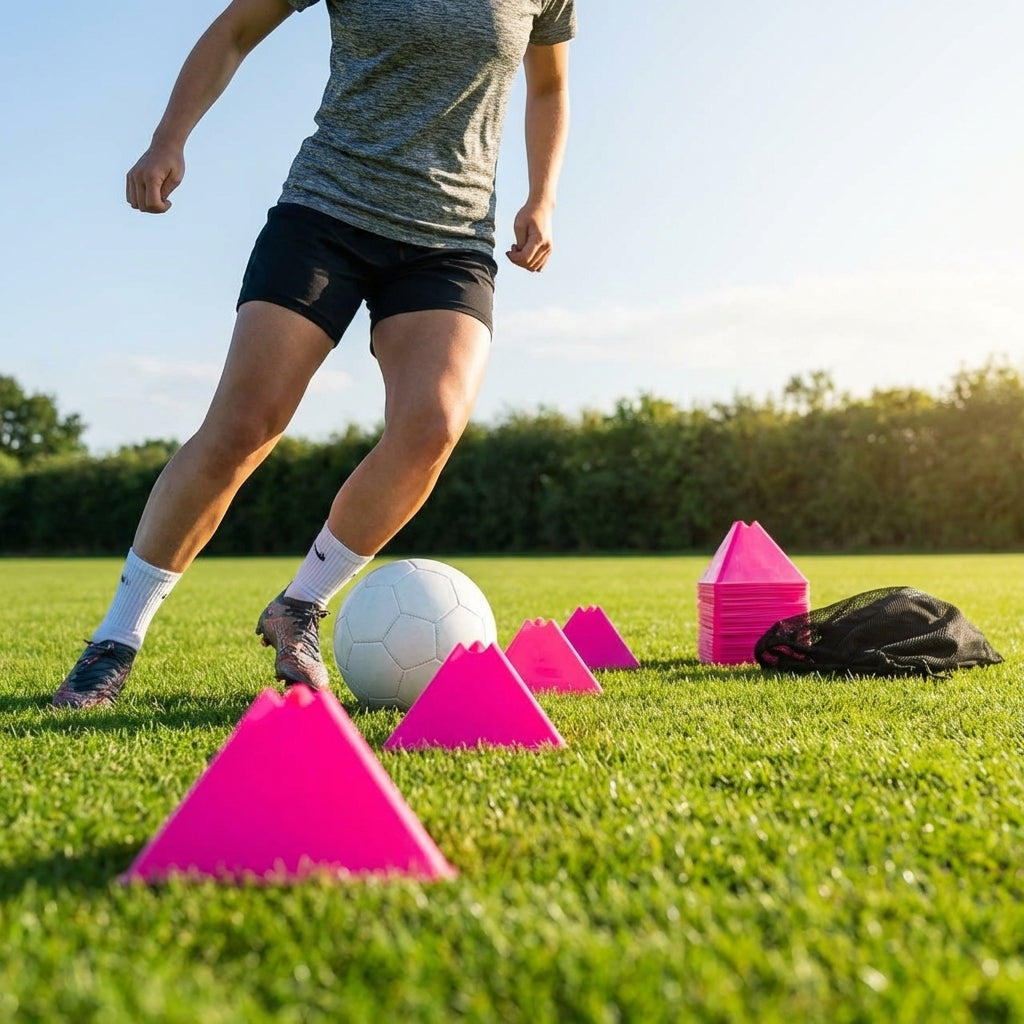 Training marker cones in vibrant Fluro colours for sports drills