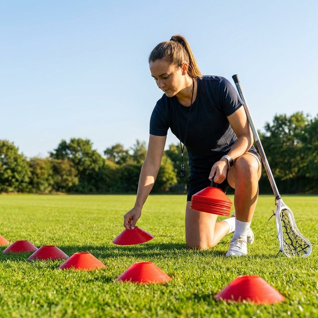 Lacrosse training marker cones in various vibrant colours
