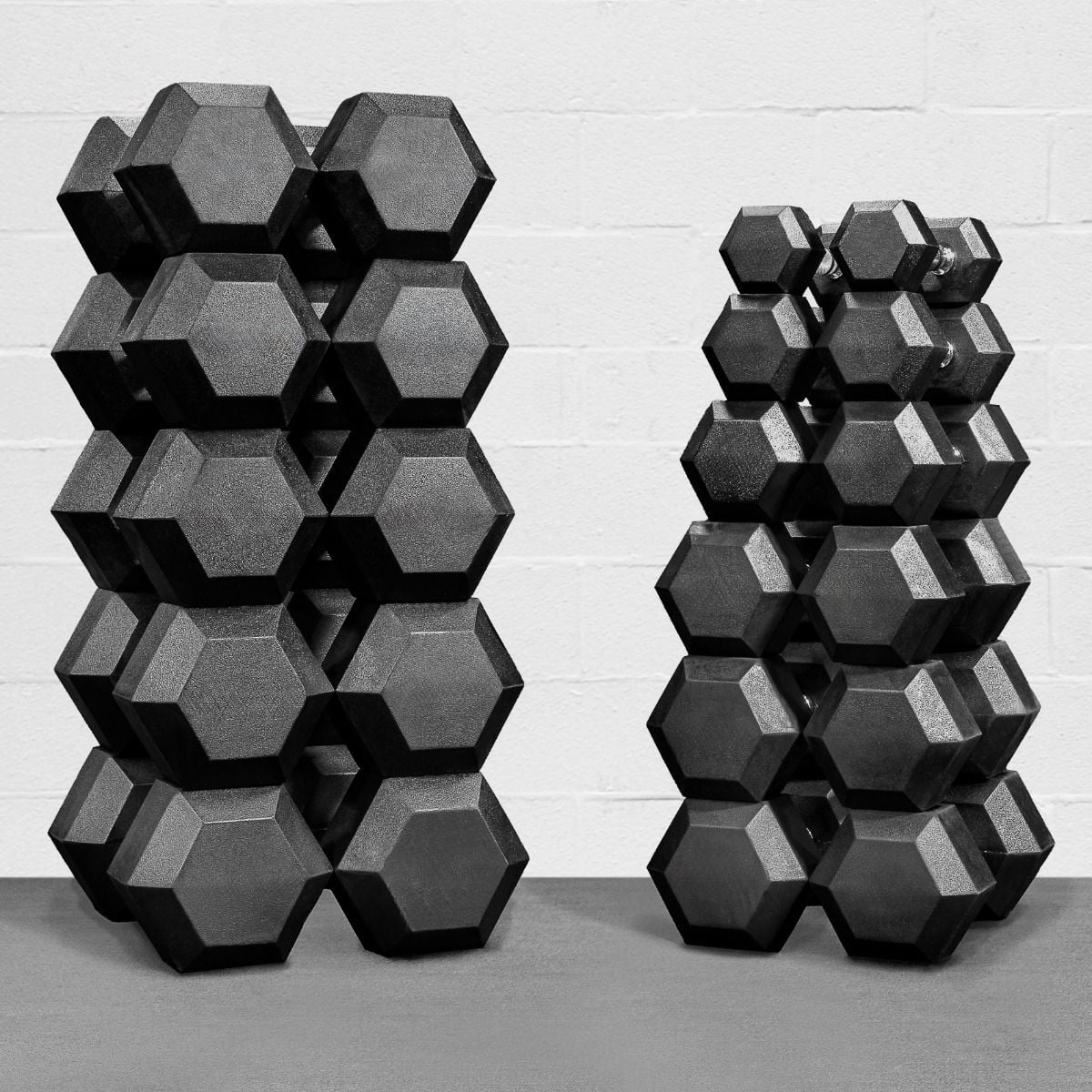 Hex dumbbells with rubber ends and chrome handles