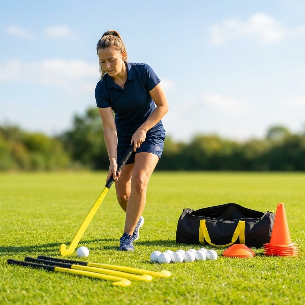 Hockey stick and ball set with fibreglass reinforcement for clubs and schools