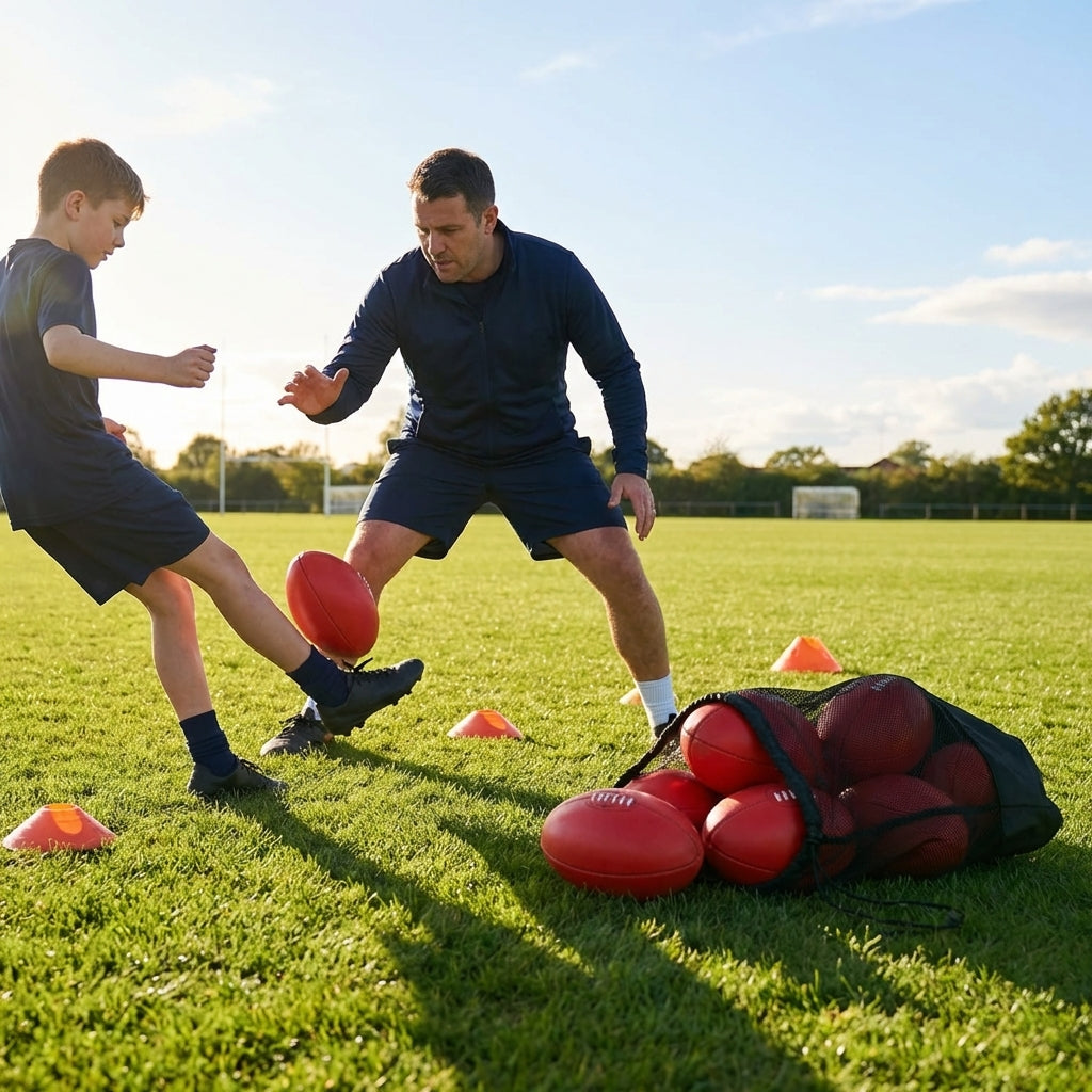 AFL training balls with carry bag, available in sizes 3, 4, and 5