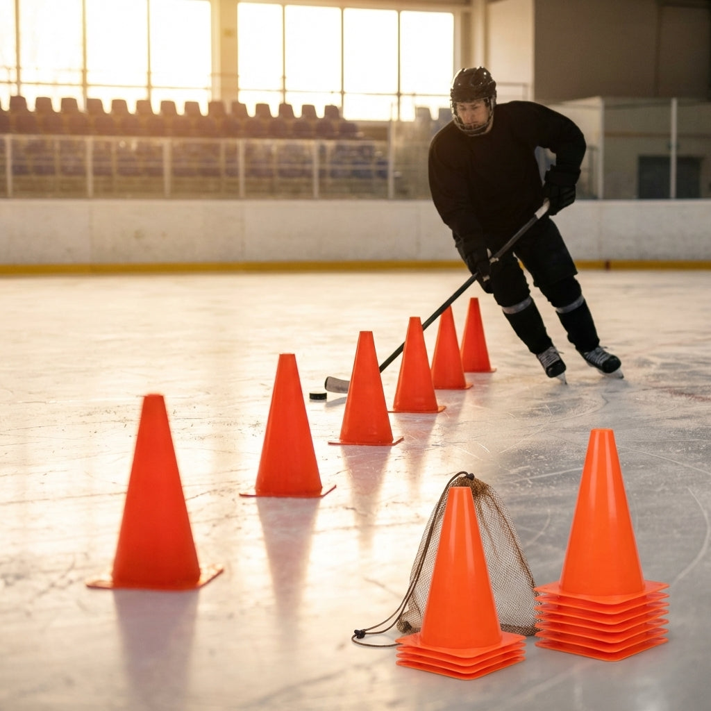 Vibrant ice hockey training cones in various sizes and colours