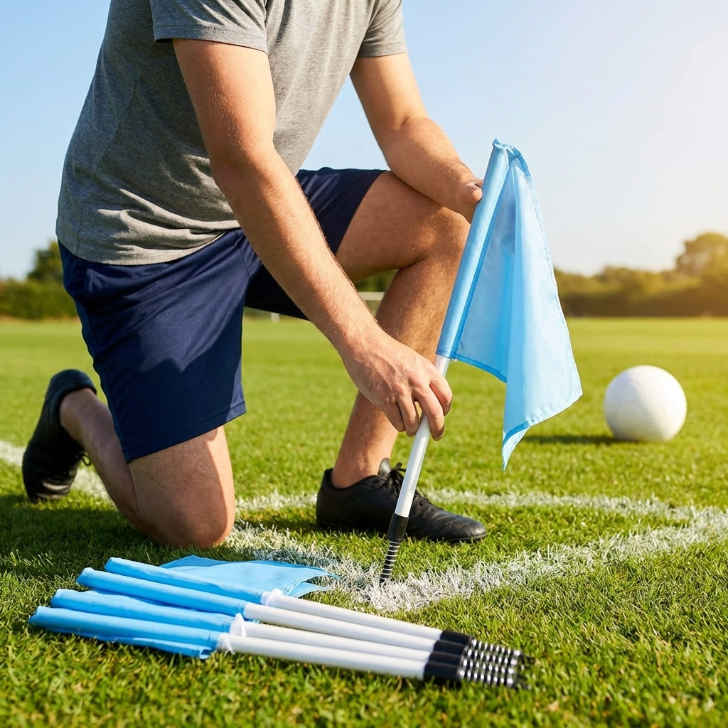 Spring-loaded football corner flags in various colours with weatherproof PVC poles