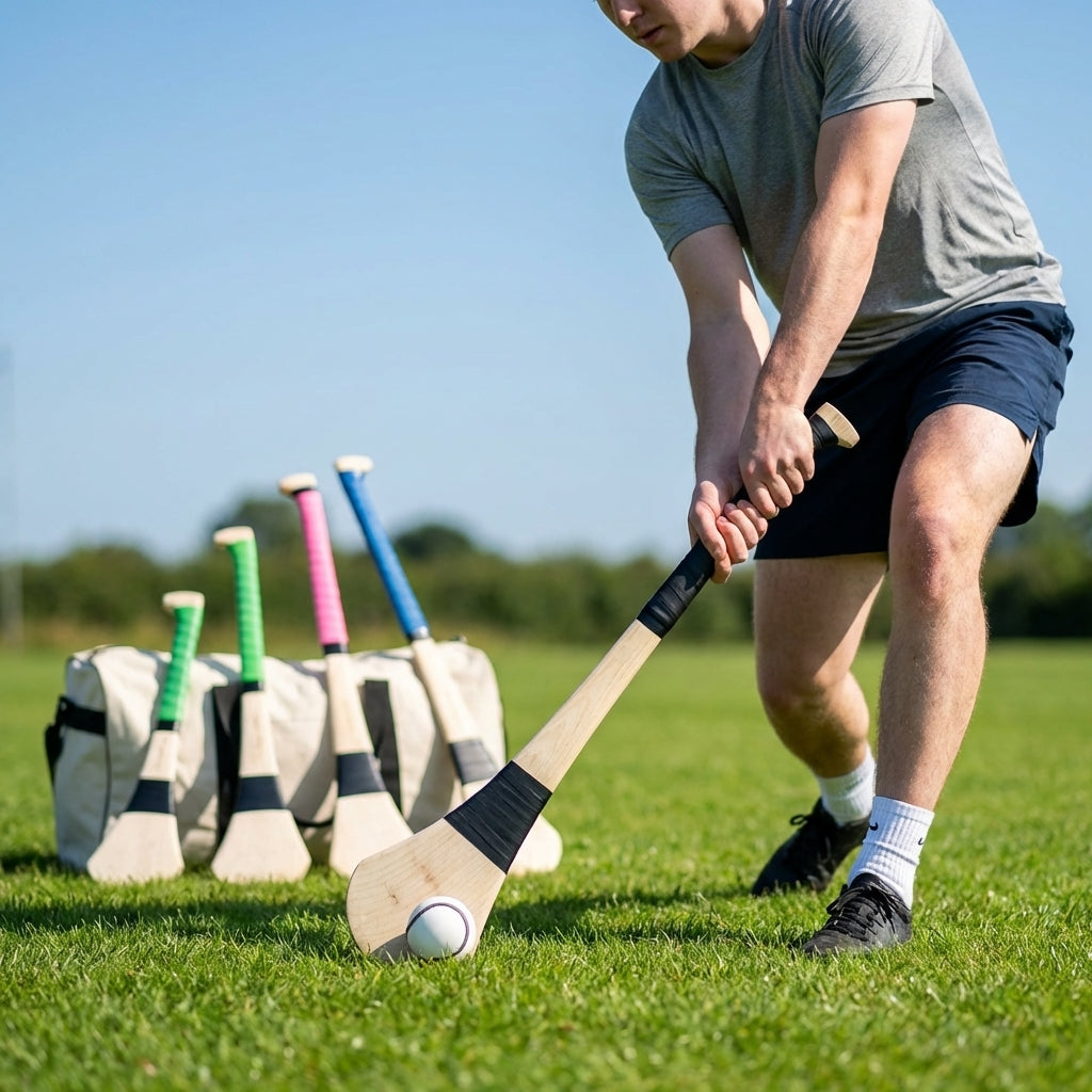 Ash Hurling Stick with custom grip colours, ideal for indoor and outdoor sports