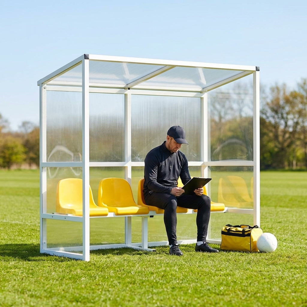 Heavy duty aluminium team shelter with moulded seats