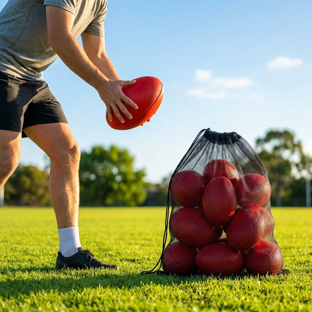 AFL training balls with carry bag, available in sizes 3, 4, and 5
